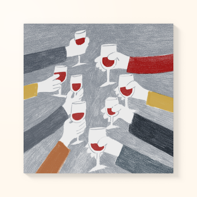 Ilustração de várias mãos segurando copos de vinho tinto com mangas coloridas