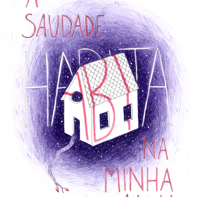 Ilustração de casa branca com texto em português sobre fundo roxo