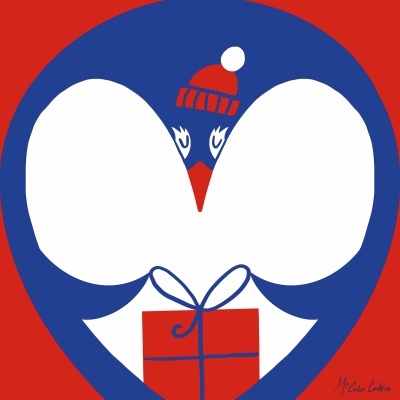 Ilustração gráfica de pinguim com presente e gorro vermelho