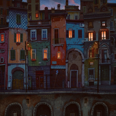 bairro colorido com edifícios iluminados à noite