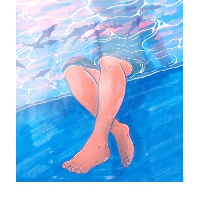 Ilustração de pernas cruzadas na água com peixes