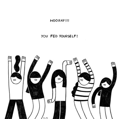 Desenho simples a preto e branco de cinco pessoas de braços levantados com texto motivacional acima.