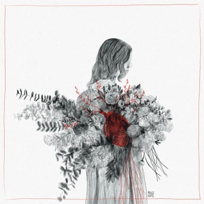 Desenho de jovem com ramo de flores e coração vermelho destacado