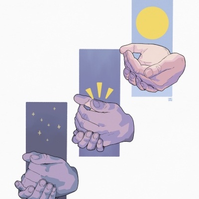 Ilustração de três mãos abertas com fundos coloridos e símbolos solares e estelares.