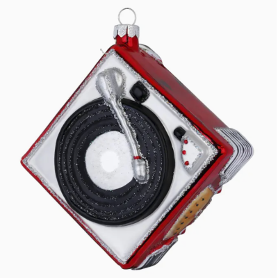Enfeite de Natal em forma de gira-discos vintage vermelho, branco, preto e prata
