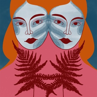 Ilustração abstrata de figura feminina com duas faces e folhas vermelhas