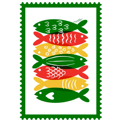 Ilustração de carimbo com peixes coloridos empilhados e borda verde