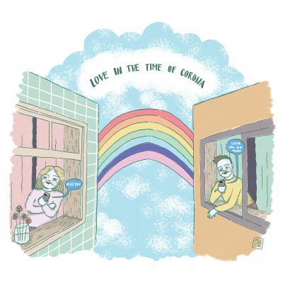 Ilustração de duas pessoas em janelas com comunicação e arco-íris sob texto 'LOVE IN THE TIME OF CORONA'