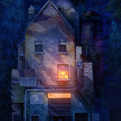 Casa de pedra e tijolo iluminada à noite com placa WELCOME e número 10