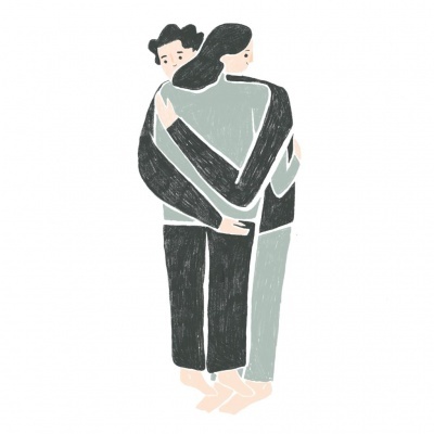Ilustração de duas pessoas abraçadas, roupas cinza e preto
