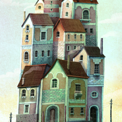 Edifício imaginário composto por várias casas empilhadas com telhados vermelhos e castanhos e parede em tons de verde, bege e cinza