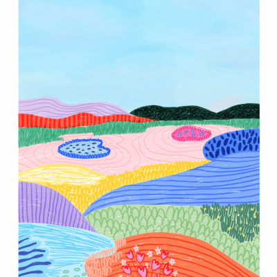 Paisagem abstrata colorida com formas onduladas e padrões variados.