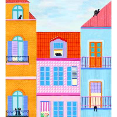 Edifícios coloridos com janelas e gatos pretos visíveis em várias partes da imagem