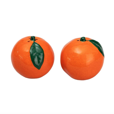 Saleiro e pimenteiro em cerâmica em forma de laranja com folha verde