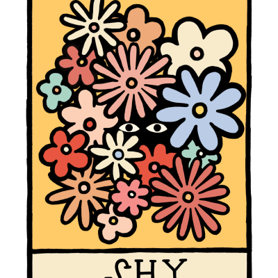 Ilustração colorida de flores com olhos e texto SHY