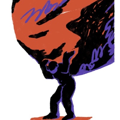 Ilustração colorida de figura humana a carregar grande rocha laranja com manchas