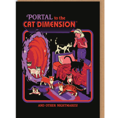 Cartaz colorido com menina, gatos, portal e texto em inglês.