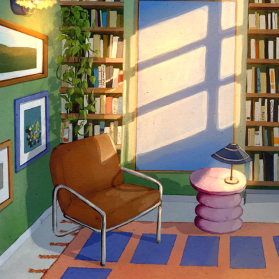 Sala de leitura com poltrona castanha, estantes de livros e mesa rosa com candeeiro azul