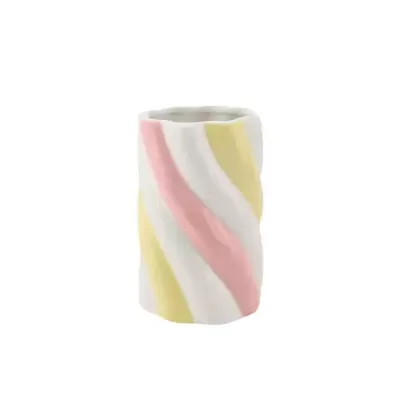Vaso cerâmico com riscas onduladas creme, rosa e amarelo