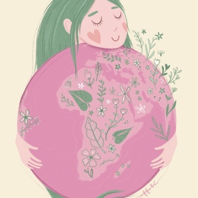 Ilustração de mulher a abraçar globo com flores