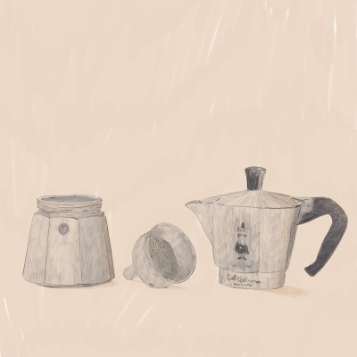 Ilustração de cafeteira italiana em três partes sobre fundo bege