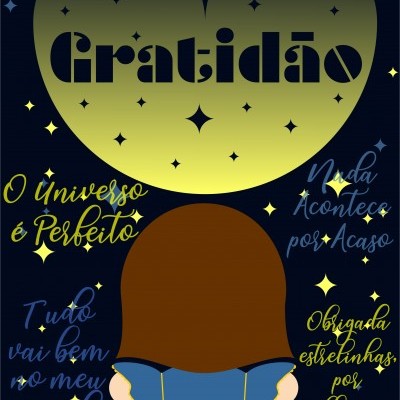 Ilustração com palavra Gratidão em coração e figura de costas com cabelo castanho e roupa azul