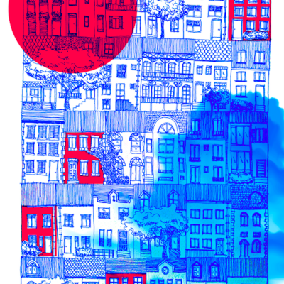 Desenho gráfico de fachadas de edifícios coloridas em azul e vermelho com círculo vermelho no canto