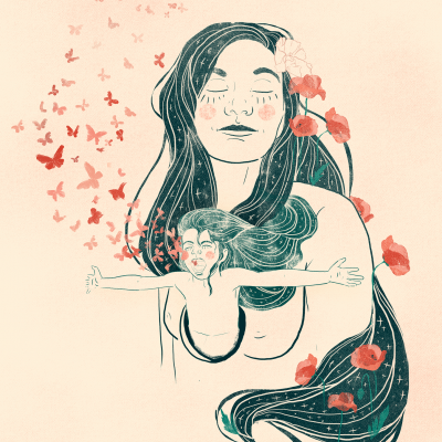 Ilustração artística de mulher com cabelos longos e flores vermelhas e borboletas rosas