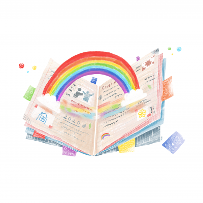 Livro aberto com arco-íris colorido saindo do centro e abas multicoloridas.