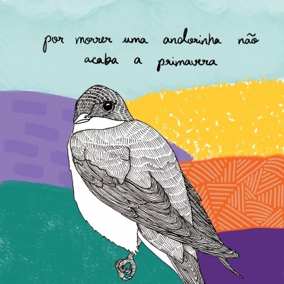 Desenho de andorinha com texto em fundo colorido abstrato