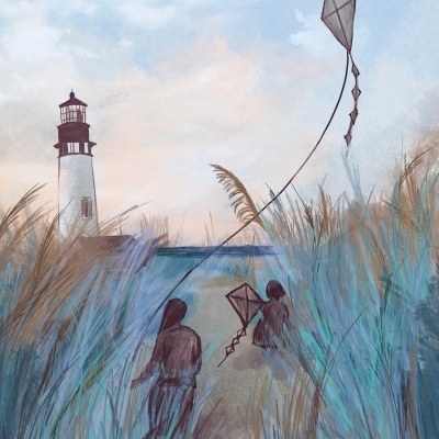 Ilustração de farol com pessoas a voar pipas num trilho entre relva alta