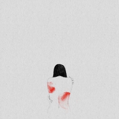 Desenho minimalista de mulher vista de costas com manchas vermelhas nas costas