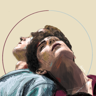 Ilustração digital de dois jovens juntos, texto 'verão de 1983' no canto