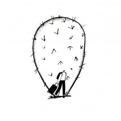 Desenho em preto e branco de pessoa com mala junto a forma com espinhos