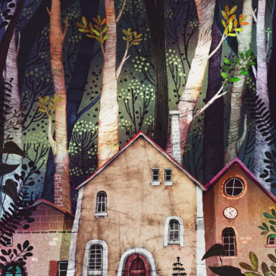 Ilustração de casas em floresta com árvores altas e folhas coloridas