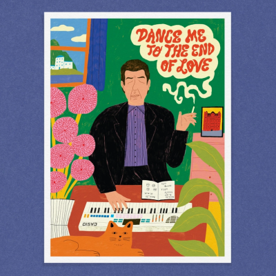 Ilustração de homem a tocar teclado Casio com gato e flores, texto DANCE ME TO THE END OF LOVE.