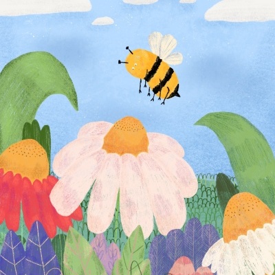 Ilustração de uma abelha voando sobre flores coloridas sob um céu azul com nuvens.