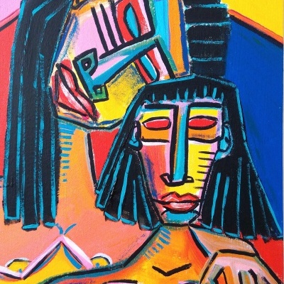 Pintura cubista colorida com duas figuras humanas e assinatura Rita Crane 2021.