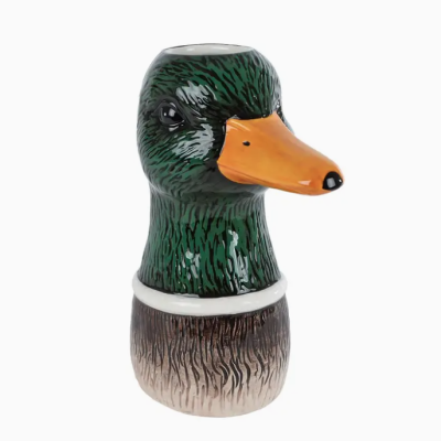 Vaso decorativo em cerâmica formato cabeça de pato com cores verde, laranja e castanho