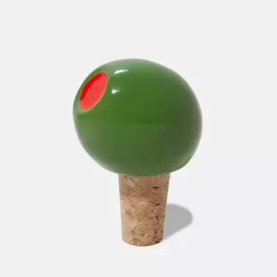 Rolha de cortiça com topo em forma de azeitona verde e pimento vermelho