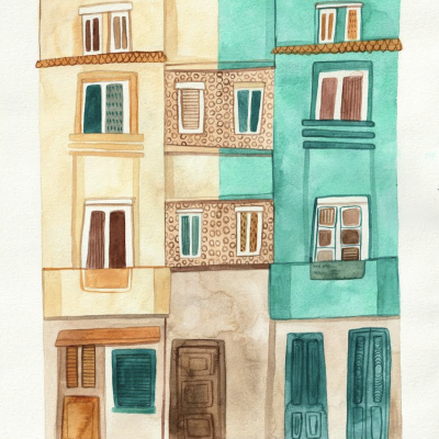 Desenho em aguarela de um edifício colorido com várias janelas e portas.