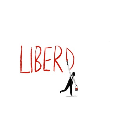 Ilustração de pessoa pintando palavra 'LIBERD' com tinta vermelha num fundo branco