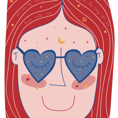 Ilustração colorida de rosto feminino com cabelo vermelho e óculos de sol azuis em forma de coração