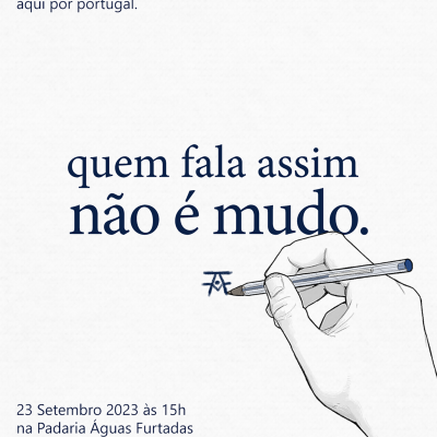 Cartaz branco com texto em português e desenho de mão a escrever com caneta azul
