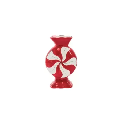 Vaso decorativo vermelho com padrão espiral branco e verde