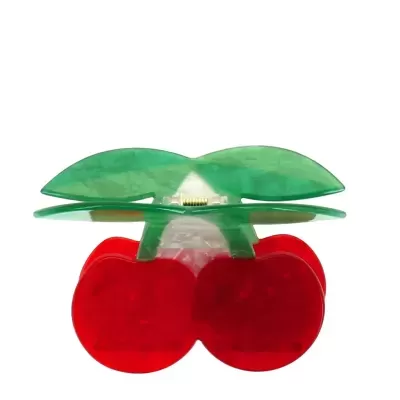 Presilha de cabelo em acrílico translúcido em forma de cerejas vermelhas e folhas verdes