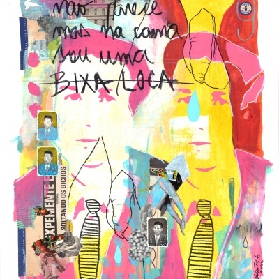 Colagem artística com formas humanas e texto manuscrito em cores vibrantes