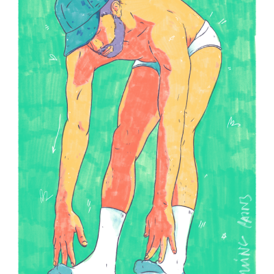 Ilustração de um homem com boné azul, cuecas brancas, meias brancas e chinelos azuis a alongar-se sobre fundo verde.