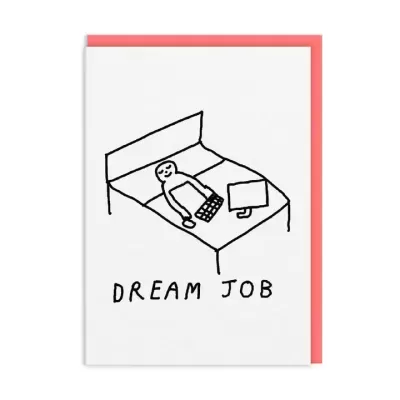 Cartão com desenho simples de escritório e texto DREAM JOB