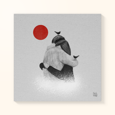 Ilustração de duas pessoas abraçadas com pássaros e círculo vermelho em fundo cinzento